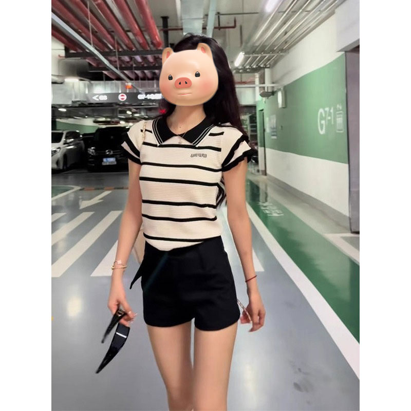 撞色条纹翻领正肩针织短袖T恤女夏季修身荷叶边小飞袖polo衫上衣