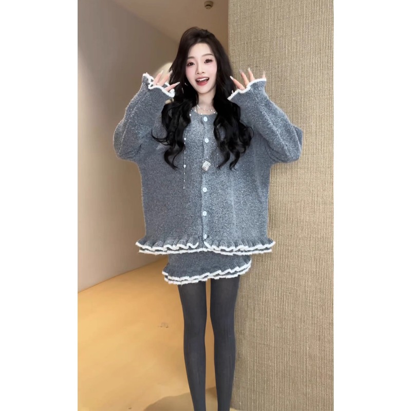 木耳边毛衣针织半身裙子两件套装