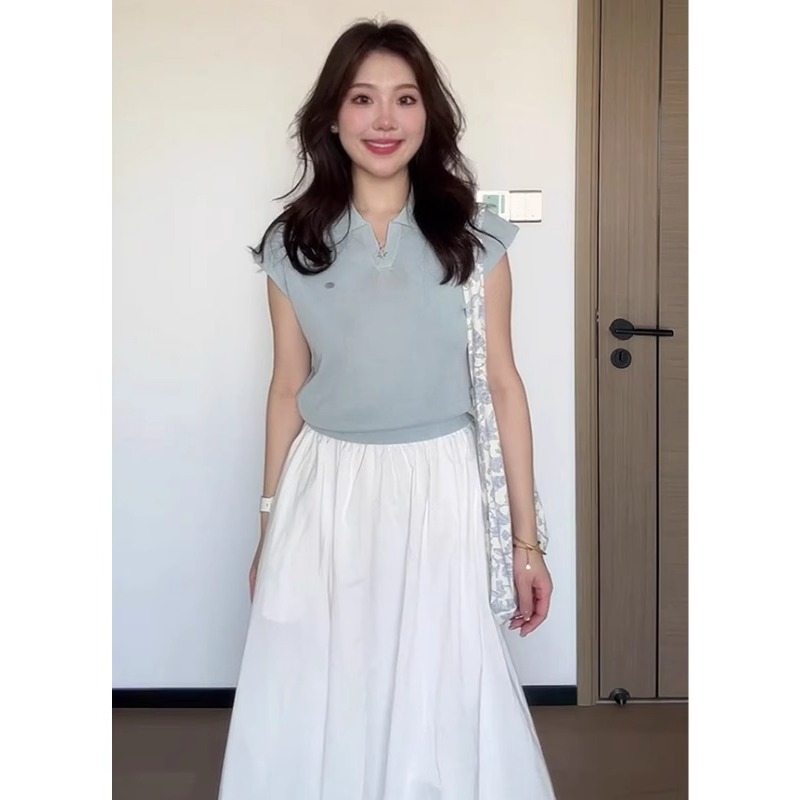 蓝色翻领正肩冰丝针织短袖T恤女夏季2025新款修身短款polo衫上衣