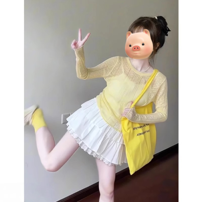 黄色圆领镂空破洞冰丝防晒针织罩衫女夏季薄款外搭多巴胺穿搭上衣
