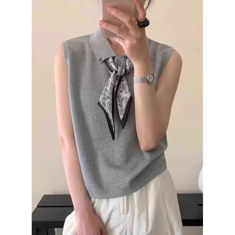 灰色翻领丝巾系带冰丝针织背心女夏季外穿修身无袖薄款polo衫上衣