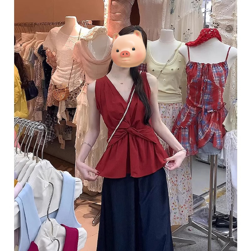法式V领扭结红色棉麻吊带背心女夏季外穿设计感小众修身无袖上衣