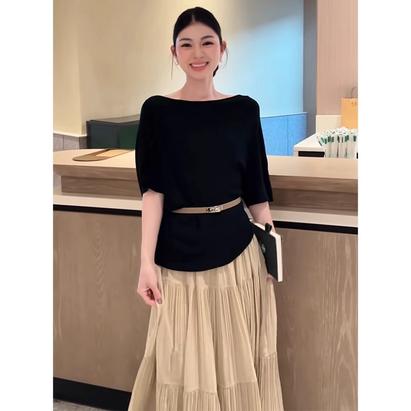 黑色圆领冰丝短袖针织衫女夏季搭配醋酸半身裙老钱风女装穿搭上衣