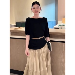穿搭上衣 黑色圆领冰丝短袖 针织衫 女夏季 搭配醋酸半身裙老钱风女装