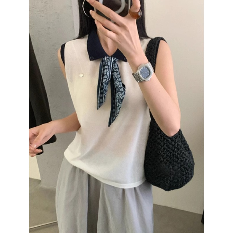 撞色翻领丝巾系带针织背心女夏季薄款外穿修身短款无袖polo衫上衣