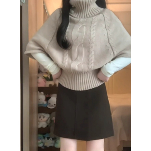 早秋韓系穿搭高領套頭斗篷麻花毛衣女秋冬季 上衣 慵懶風疊穿針織衫