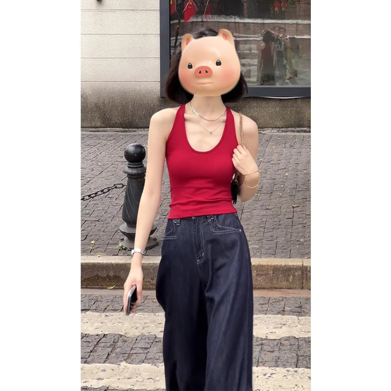 红色带胸垫挂脖吊带背心女夏季外穿2025新款修身辣妹短款无袖上衣