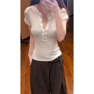 辣妹短款 美式 独特漂亮修身 正肩半开领白色针织短袖 上衣 T恤女夏季