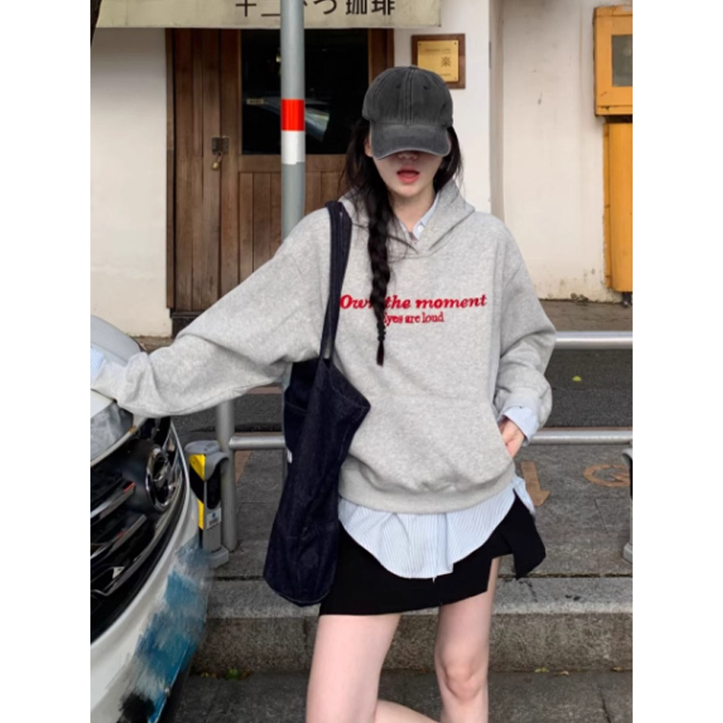 美式复古字母绣花灰连帽卫衣外套