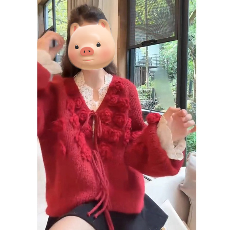 巨好看法式立体花朵红色毛衣开衫