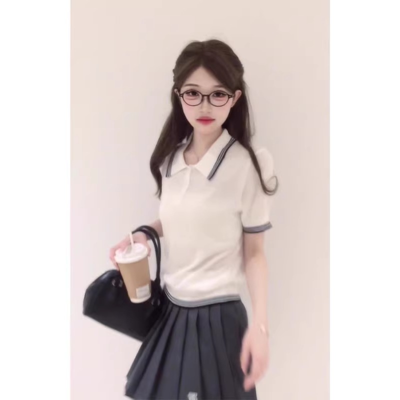 撞色翻领冰丝针织短袖T恤女夏季2025新款爆款修身显瘦polo衫上衣