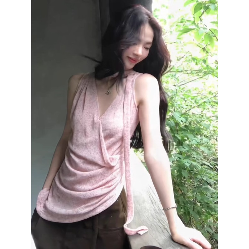法式不规则交叉挂脖粉色吊带背心女夏外穿修身设计感无袖飘带上衣