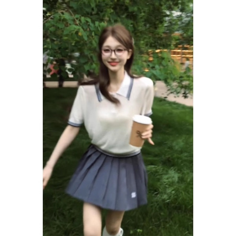 撞色翻领冰丝针织短袖T恤女夏季2025新款爆款修身显瘦polo衫上衣