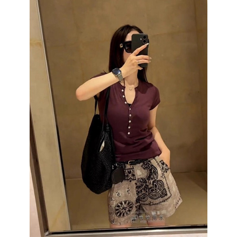美式正肩紫色针织短袖T恤女夏季2025新款小个子修身辣妹短款上衣