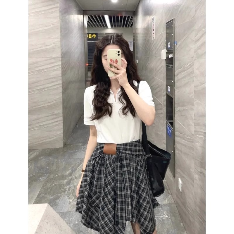 美式正肩白色polo领短袖T恤女夏季独特漂亮掐腰修身显瘦纯色上衣