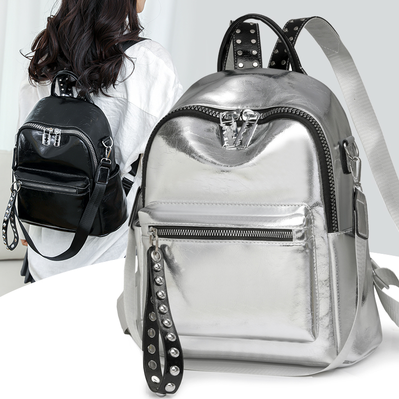 双肩包女2025新款时尚百搭女士小背包韩版多用软皮银色潮流旅行包