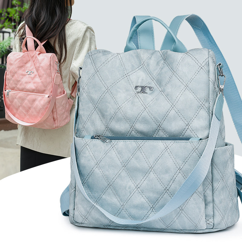 休闲百搭大容量学生双肩包女2024新款通勤风蓝色帆布外出旅行背包