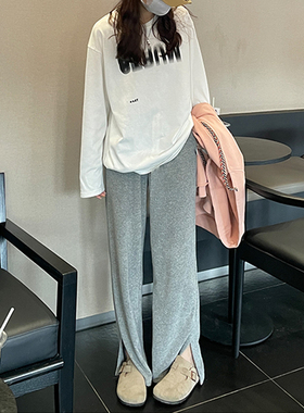 孕妇阔腿裤子开叉夏季薄款打底裤托腹垂感直筒拖地长裤潮灰色秋装