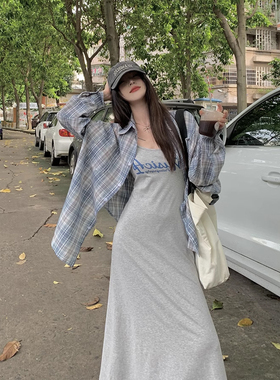 孕妇夏季字母印花吊带裙连衣裙两件套宽松蓝色格子宽松防晒衬衫女