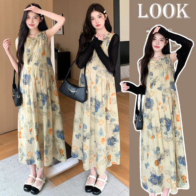 孕妇装春夏新款水墨印花油画风背心连衣裙防晒衫两件套高级感套装