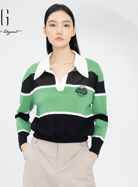xg雪歌正品条纹针织衫女小V领2024春季新款套头毛衫XJ111023B441