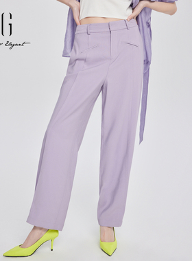 XG雪歌2024夏季新款长裤通勤灰紫色宽松直筒休闲裤女XJ202037A187