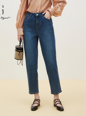 XG雪歌2024秋季新款时尚锥形窄脚猫须磨白牛仔裤百搭XJ302009A319