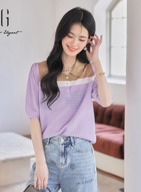 xg雪歌翻领针织衫女套头2024春夏新款休闲短袖毛衫XK211530B898