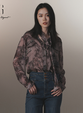 雪歌2024冬季新款桑蚕丝国风印花V领飘带长袖衬衫女XJ421025B396