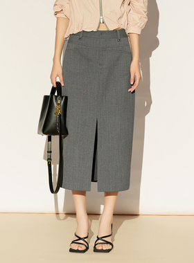 XG/雪歌26春新款灰色开叉直筒半身裙女中长裙包臀裙XL103005A384