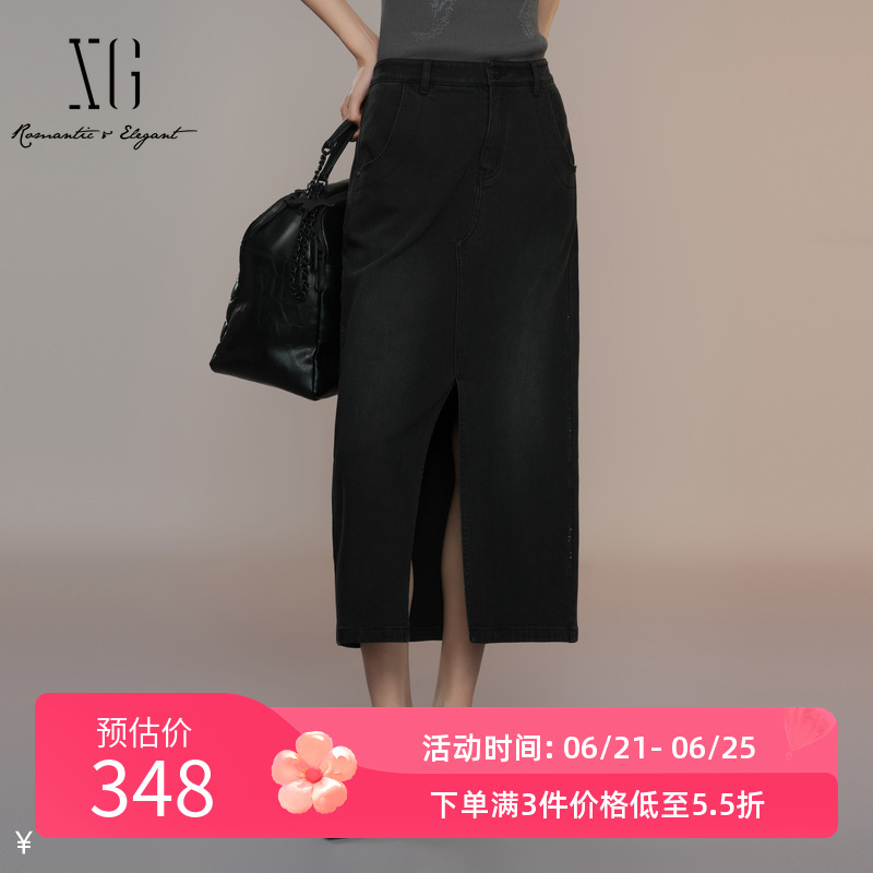 XG雪歌黑色牛仔半身裙女2025秋款高腰直筒开叉中长裙XK303001A190