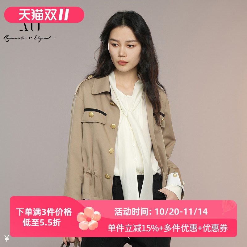 XG/雪歌25年秋季新款单排扣翻领短款风衣女休闲外套XK308008A309