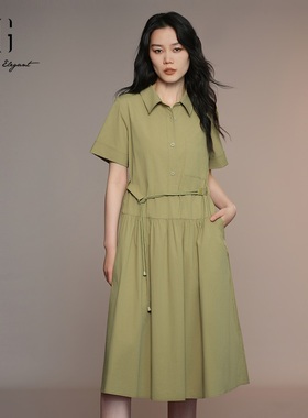 XG雪歌2025夏季新款军通勤绿色衬衫拼接短袖连衣裙女XK204055A243