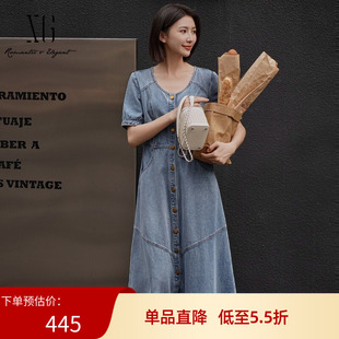 雪歌2025夏季新款水洗牛仔设计收腰设计短袖连衣裙女XK204066A219