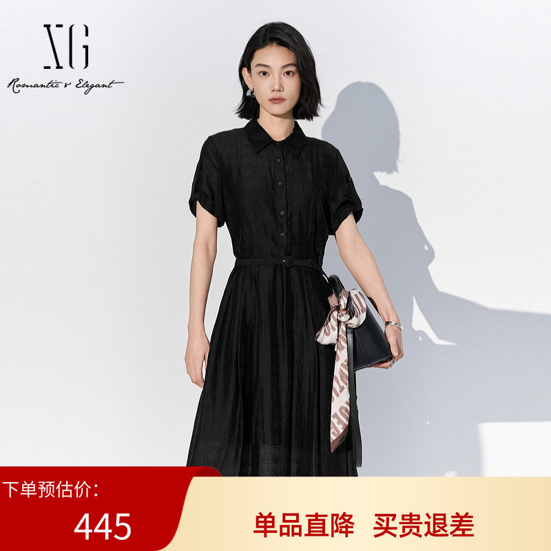 XG雪歌黑色短袖翻领连衣裙女2025夏款天丝收腰中长裙XK204050A490