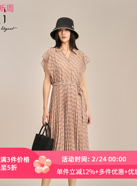 XG雪歌短袖衬衫连衣裙2025夏季新款满版印花百褶裙女XK204019B797