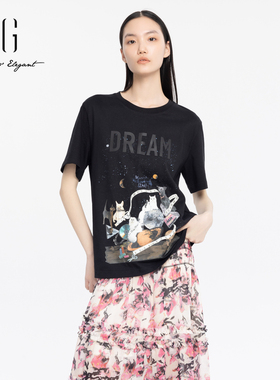 xg雪歌正品套头T恤女短袖2024夏季新款印花休闲上衣XJ201031A890