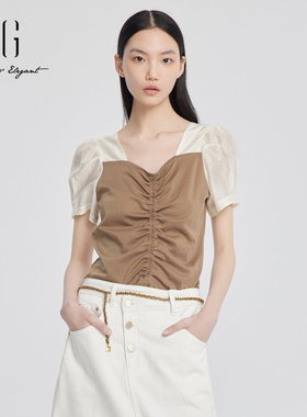 xg雪歌正品拼接T恤女短袖2024夏季新款套头休闲上衣XJ201016A509