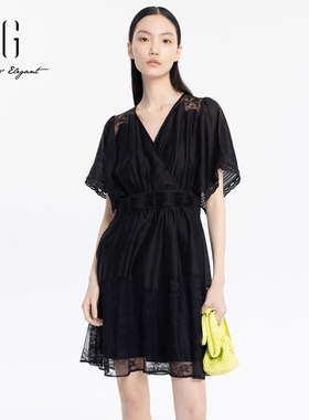 xg雪歌性感蕾丝V领短袖连衣裙女24夏新款显瘦中长裙XJ204010A190