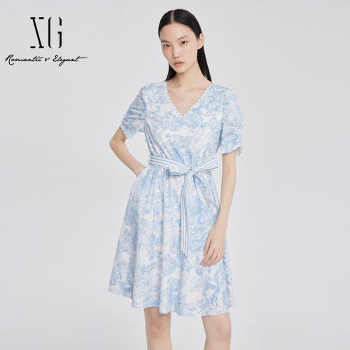 xg雪歌通勤淑女短袖连衣裙