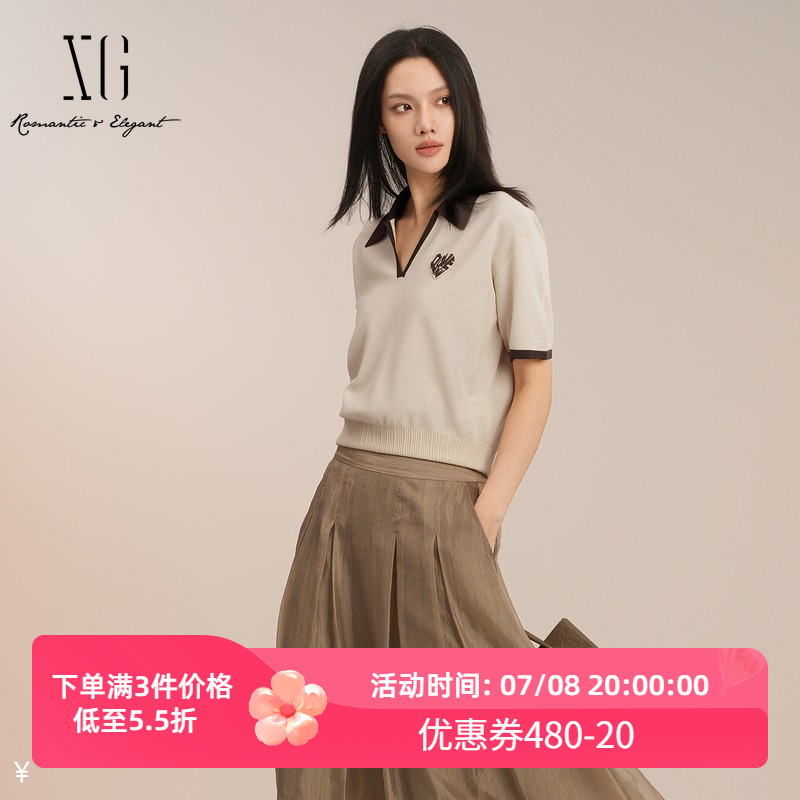 雪歌短袖毛针织衫2025夏季新款米白色贴布套头毛衫女XK211020A291