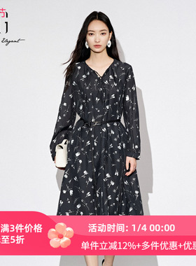 XG/雪歌2025年秋季新款V领系带收腰显瘦碎花连衣裙女XL304830A806