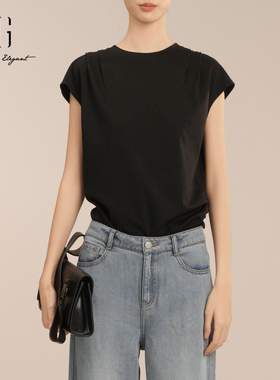 XG/雪歌2025夏季新款小飞袖宽松圆领无袖黑色T恤上衣XK201015A590