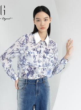xg雪歌正品印花衬衫女长袖复古2024春季新款休闲上衣XJ121008B597