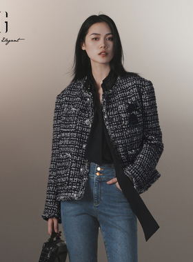 雪歌2024冬季新款小香风粗花呢毛呢外套短款毛大衣女XJ407031B705