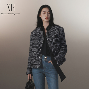 毛大衣女XJ407031B705 小香风粗花呢毛呢外套短款 雪歌2024冬季 新款