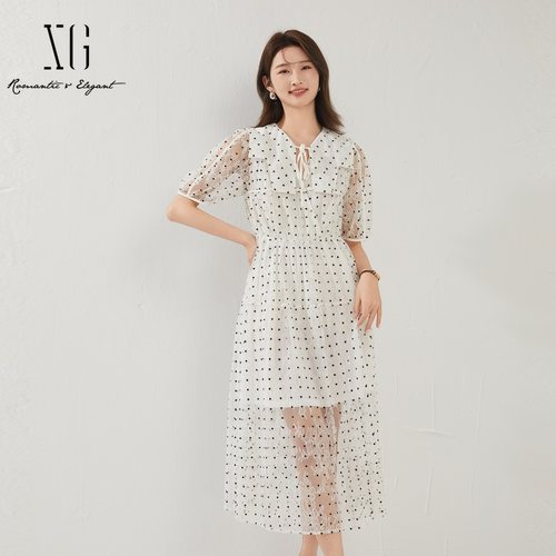 xg雪歌通勤淑女波点连衣裙