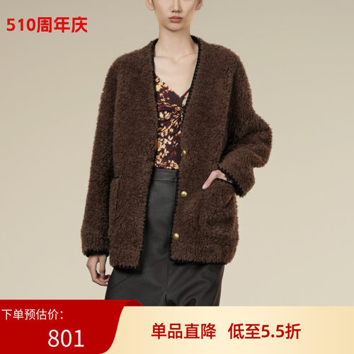 XG/雪歌2025年冬季新款休闲宽松百搭V领羊毛皮草外套XK407014A574