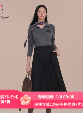 XG雪歌假两件针织连衣裙女2025春新款黑色长袖A字裙XK111013B290