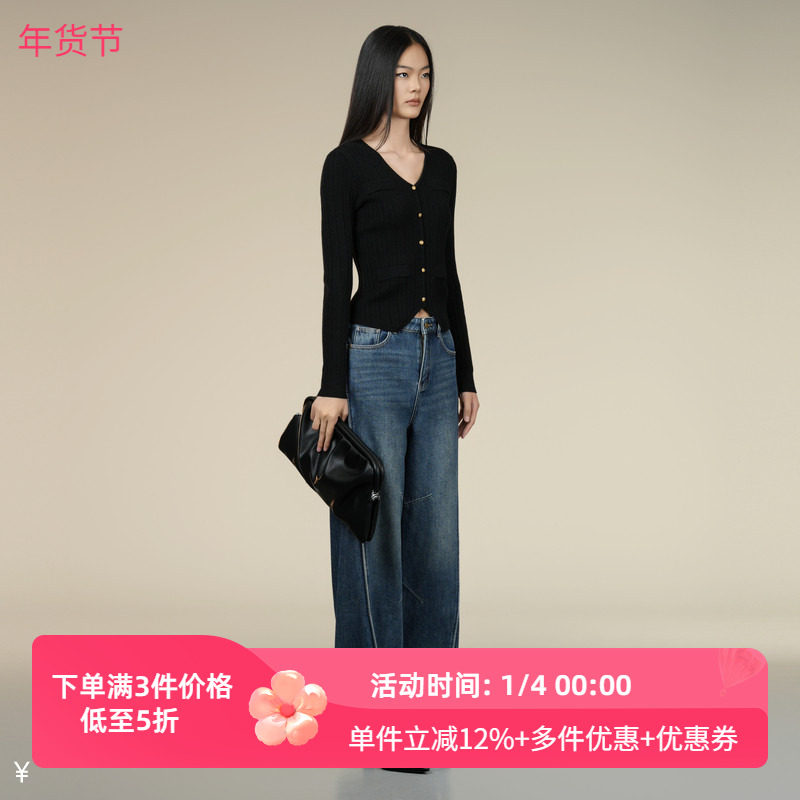 XG/雪歌黑色修身毛针织衫2025冬季新款绵羊毛开衫女XK411001A190